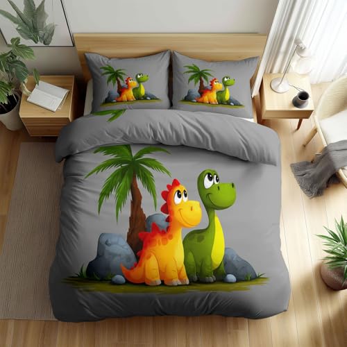 Srigzcaly Juego de ropa de cama con cremallera, diseño de dinosaurios y palmeras tropicales, 240 x 220 cm, color gris, funda nórdica para niños y niñas, microfibra, juego con 2 fundas de almohada de