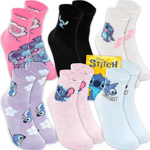 Lilo and Stitch Socks for Women - Bundle with 6 Pairs of Disney Crew Socks Adult Size 4-10 Plus Tattoos | Stitch Apparel Set for Teens Women