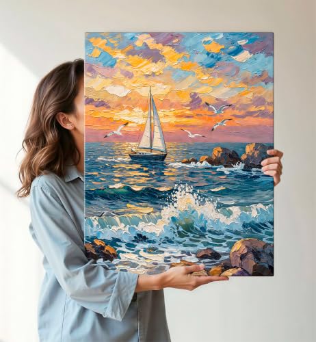 Image of ArtX Boat Canvas Painting for Vastu, Colorful Landscape Wall Art, Nature Canvas Painting, Gallery Wrapped Canvas for Living Room, Bedroom, Office Decor, 45 x 58 cms