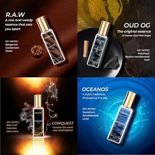 Image of Dionii Eau De Parfum Gift Set for Men | OUD OG, R.A.W, CONQUEST, OCENOS Perfume Set | Long Lasting Fragrance (4 x 20ml Each)