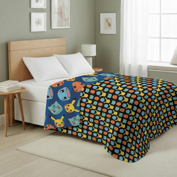 Image of Northwest Pokemon Striped Favorites Twin Quilted Blanket, Cozy Fantasy Bedding for Gamers, Kids & Adults, Throw for Bedroom, Sofa, or Game Room Decor, 60 x 90 Inches