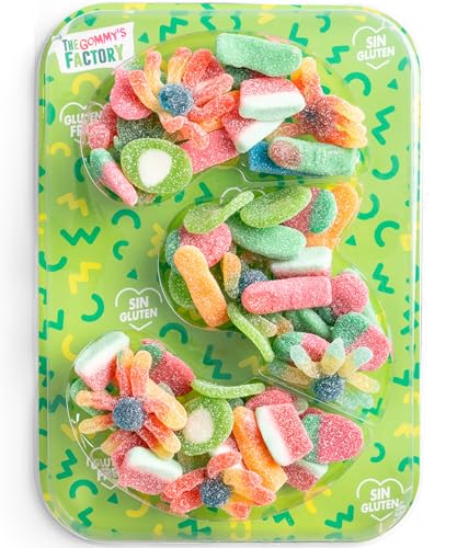 Gommy's Factory, Party Numbers nº 3 SIN GLUTEN. Tarta de gominolas para cumpleaños y celebraciones con forma de números. 500g chuches