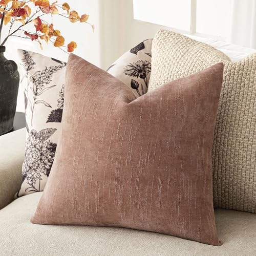 Image of Foindtower Pack of 2 Textured Chenille Throw Decorative Pillow Covers Square Accent Solid Cushion Cover Neutral Farmhouse Pillow Case for Couch Sofa Bedroom Living Room 16x16 Inch,Dusty Pink