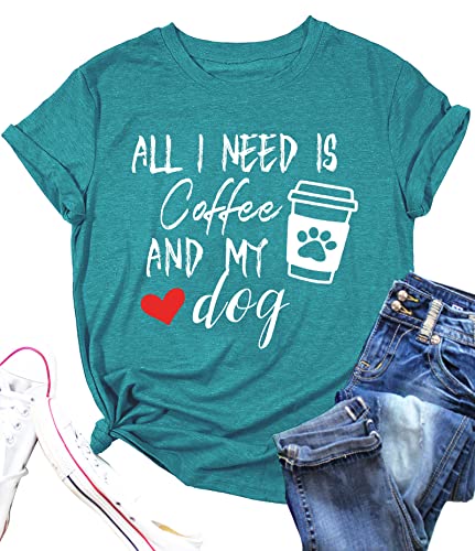 Dog Mom 女性用Tシャツ:犬好きのギフト、カジュアル半袖ブラウストップス、面白い言葉, シアンブルー, X-Large（Amazon）