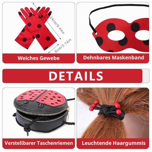 HIFOT Ladybug Kostüm Zubehör Set, Lady Bug Maske Handschuhe Tasche Haarbänder Halskette Ohrring Rollenspiel , Rot Schwarz Verkleidung Mädchen Halloween Karneval Kinder