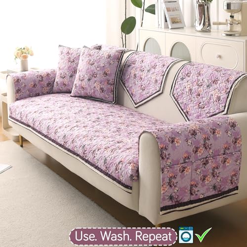 Image of HOKIPO 'Florentina Series' Foam Filled Premium Holland Velvet Sofa Cover Mat for 3 Seater Sofa with Anti-Slip Backing, Peony Lavender (IN-881-V6)