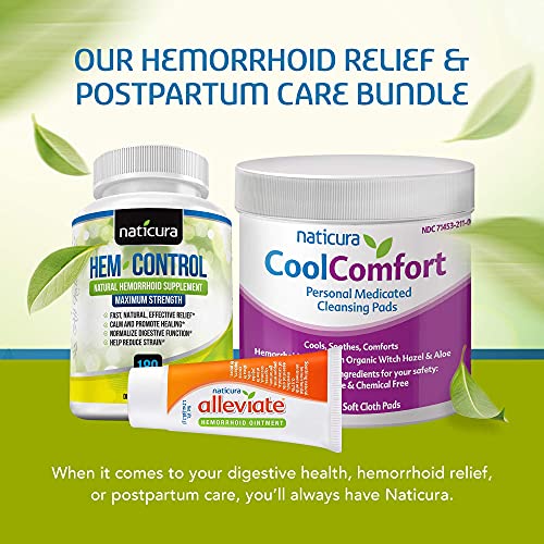 Naticura Bundle - Alleviate Natural Hemorrhoid Relief Ointment, Hem-Control Natural Hemorrhoid Supplement (180 Count), And Coolcomfort Personal Cleansing Pads (100 Count) - All-Natural, Fast Acting #TOP2