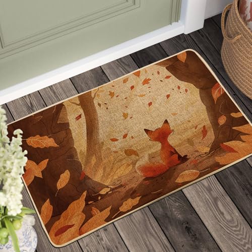 Paillasson renard d'automne pour extérieur et intérieur, décoration de forêt, en caoutchouc imperméable, antidérapant, absorbant la poussière, facile à...