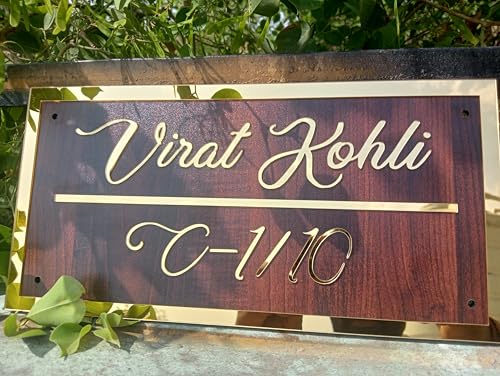 Image of Personalized Craft Wood Luxury Door Name Plates for Home Entrance (15x30 Cm) with 3D Embossed Letters- Ideal for Home & Office Entrances With Stainless Steel Screws || Door name plates (WoodGold)