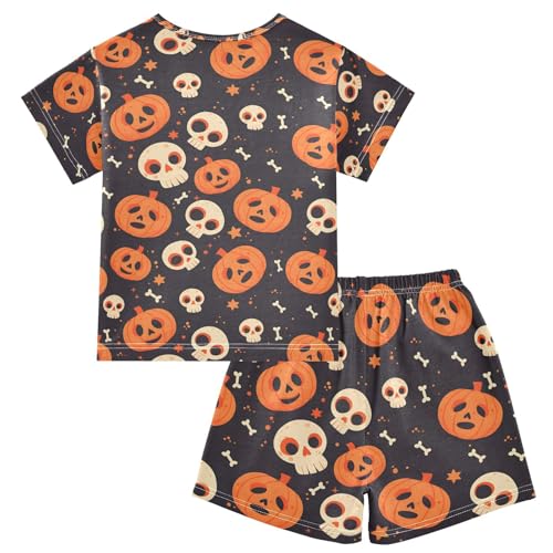 ALAZA Skeleton Halloween Pumpkin Pajamas Set Short Sleeve Cotton Sleepwear Summer Pjs 2 Piece 5-14Y2