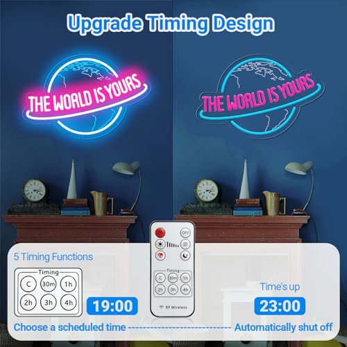 Image of The World is Yours Neon Sign with Remote Dimmer, Ice Blue Pink Planet LED Neon Light Lamp for Wall Decor, Man Cave Home Bar Game Room Bedroom Birthday Gift Graduation Party