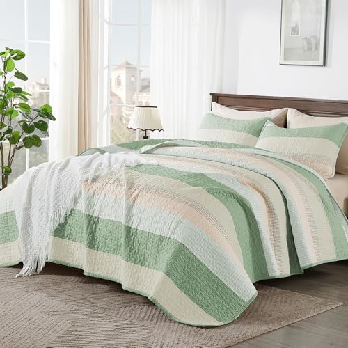 Image of Andency California King Quilt Set Mint Pink, 3 Pieces Ultra Soft Lightweight Cal King Bedspreads & Coverlets Set, Patchwork Striped Quilted Bedding Sets for All Seasons (112 inchx104 inch)