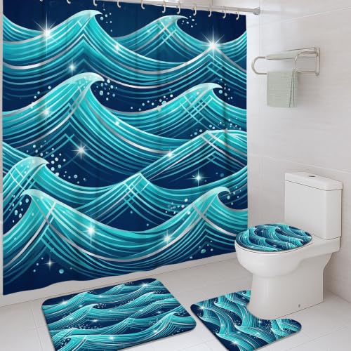 Rideaux de douche en polyester motif vagues turquoise avec tapis assorti