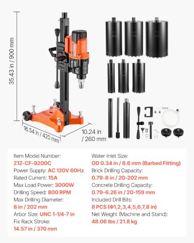 Image of VEVOR Diamond Core Drilling Machine Dry and Wet 0.8-8 in Drilling Diameter | 8 Drill Bits, Rolling Core Drill Rig, Wheeled Stand, Lifting Handle, 3000W 800RPM, UNC1 1 /4-7 Thread for Concrete Brick Stone