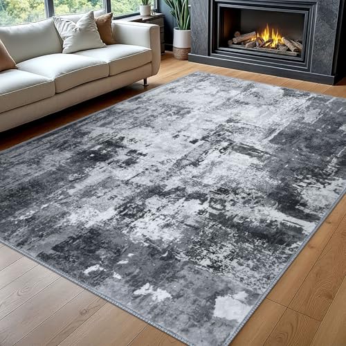 KOZYFLY Modern Abstract Area Rug 8x10 Gray Washable Large Living Room Thin Rugs Bedroom Non Skid Carpet with Faux Wool Soft Low Pile for Dining Room Living Room Office Dorm Kitchen Table Apartment