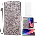 Phone Case for LG V35 ThinQ V30 Plus Wallet with Tempered Glass Screen Protector and Leather Flip Cover Card Holder Stand Cell Accessories LGV30 LGV35 LG30 LG35 V 30 35 V30+ V30s H931 Women Men Gray