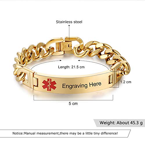 DaMei Personalized Medical Alert Bracelet for Men Women 7.5 to 8.5 Inches Emergency Medical Bracelets Alert ID Bracelets for Adults Medical Alert Bracelet (Gold, 8.5'' for men)