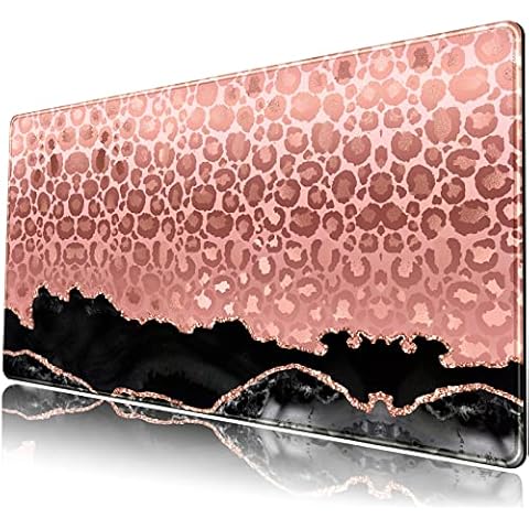 Leopard Pink Desk Mat Black Marble Extended Mouse Pad XL Rose Gold Office Desk Accessories for Women Girl Gamer Full Desk Large Gaming XXL Mousepad Laptop Computers Keyboard Mouse Mat (31.5x15.7 in) Cover