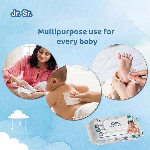Image of Jr. Sr. Baby Wipes With Lid | 72 Wipes x Pack of 9, 648 Wipes | Safe & Moist Wet Wipes for Babies | Prevents Rashes & Redness with Goodness of Aloe Vera, Vitamin E & Chamomile Oil | No Paraben & No Alcohol