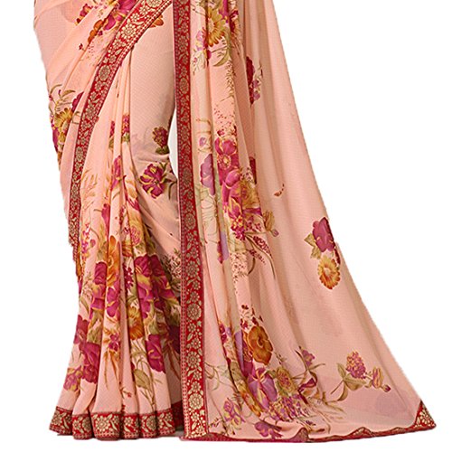 Image of RAJESHWAR FASHION WITH RF Women's Floral Printed Georgette Sarees For Women With Jacquard Work Lace Border & Blouse(Pink Red Free Size 6.30 Mtr)