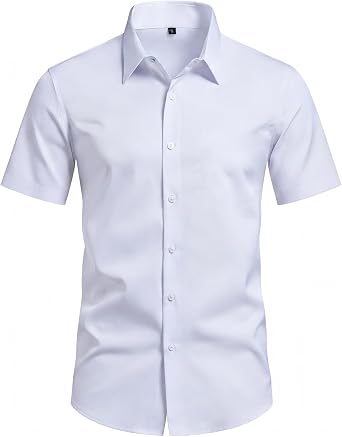 Mens Muscle Fit Short Sleeve Button Down Dress Shirt Stretch Cotton Business Casual Summer Office Wear