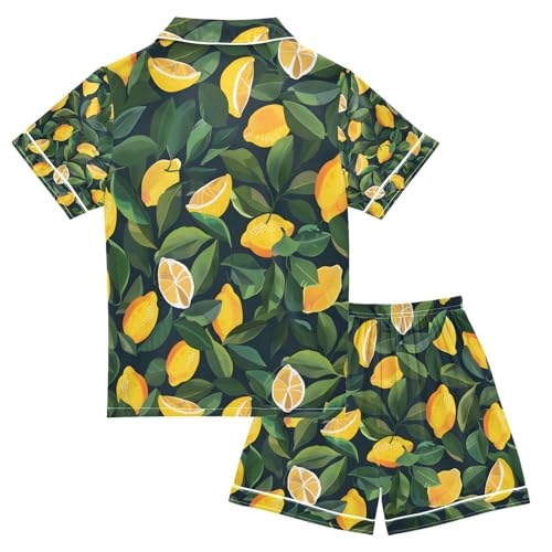 senya Background with Many Lemons Satin Summer Pajama Sets Silk Short Sleeve Button Down Sleepwear2