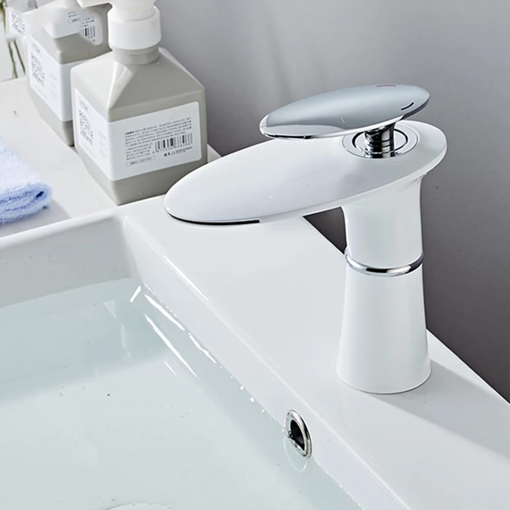 Wasserhahn Bad Wasserfall Waschtischarmatur Moderner Stil Messing Einhebel Mischbatterie Waschbecken Armatur, Badarmatur Waschtischbatterie Badezimmer, Weiß