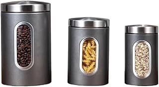 Transparent Silver Gray Canisters Sets of 3 Pieces For The Kitchen,0.9/1.6/2.9 Quarts Stainless Steel Coffee Sugar Tea Candy Storage Jars with Window for Home Kitchen Decoration and Accessories