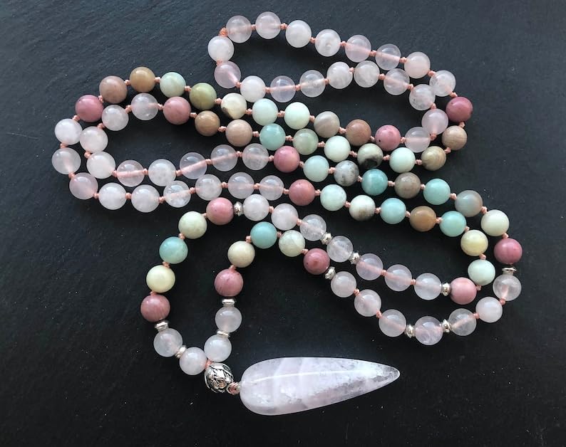 Bracciale E Mala In Pietre Naturali 6mm – Quarzo Rosa, Ametista, Ossidiana – Set Con Ciondolo Albero Della Vita – Regalo Meditazione Reiki