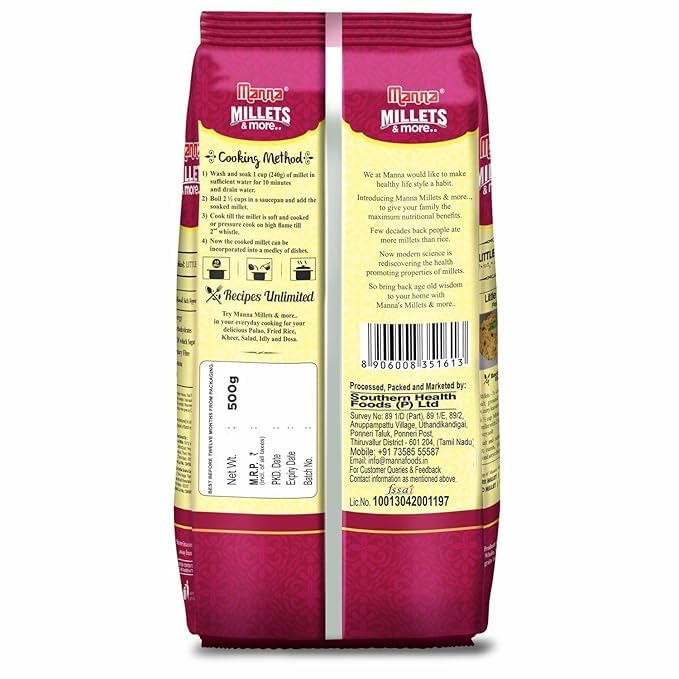 Image of Manna Little Millet 1Kg Unpolished, Certified Low GI, Glycemix Index value 27, Kutki /Samai /Same /Samulu. 20% more protein & 100% more Fibre than white rice. Natural Grains (Pack of 3)