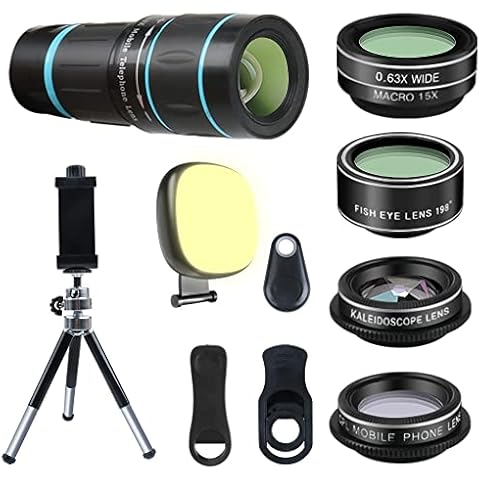 Phone Camera Lens, 6 lenses+ LED Light+ Remote Shutter+ Tripod, 18X Telephoto Zoom/Wide angle/Macro/Fisheye/CPL/Kaleidoscope camera lens kit for iPhone Xs X XR 8 7 6 Plus Samsung and Android Cover