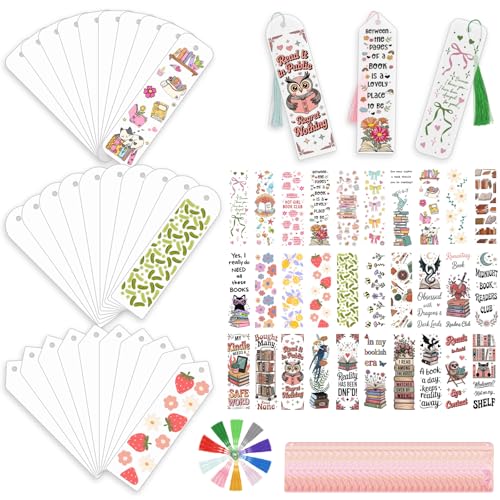 120Pcs Acrylic Bookmark Blanks Kits Clear Acrylic Book Marks for Reading Women 30Pcs Blank Bookmarks with 30PCS Booklover Theme UV DTF Stickers and 30 Color Tassels for DIY Bookmarks Gift