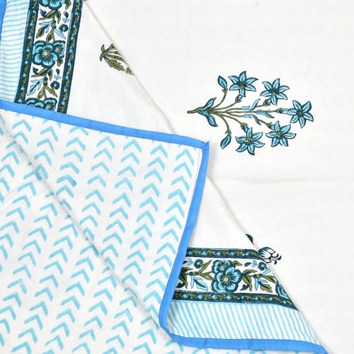 Image of BLOCKS OF INDIA 100% Cotton Dohar King Size Reversible Hand Block Printed Malmal Summer Dohar /Blanket (Blue Lily)