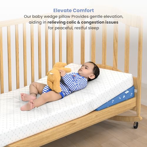 Image of Cherilo Standard Elevated Wedge Baby Pillows for New Born, Pillow for Kids, Crib & Mattress, Prevents Acid Reflux, Colic, GERD, Heat Burn & Vomiting, 14 inch x 19 inch x 3.5 inch, with Cover, Star Design, Blue