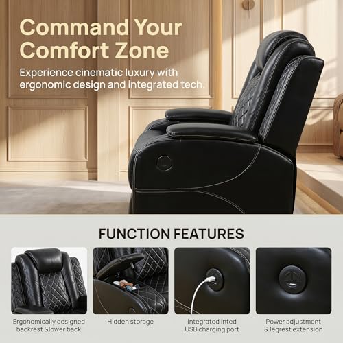 Image of Power Recliner Chair, Breathable Leather Recliners with USB Charging Port, Electric Recliner Sofa with Adjustable Backrest, Padded Armrest for Home Theater, Living Room, Office, Black