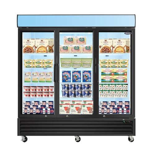 Image of mikibama Glass Door Merchandiser Freezer, 70 Cu.ft Swing Door Commercial Reach-In Display Refrigerator with LED Top Panel Upright Freeze Storage, Three Cabinets, Black