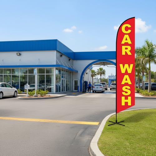 Image of The Flag Company Car Wash Feather Flag 8ft - Includes X-Base, Poles & Water Bag | Durable Advertising Flag for Auto Shops, Businesses & Events