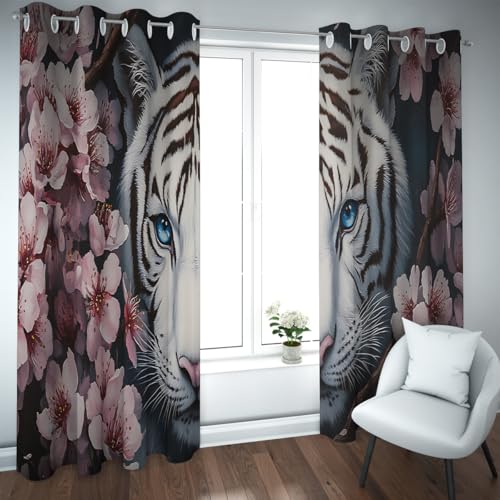 Cortinas opaga Estilo japonés Sakura, Cortinas Blancas de Tigre y Flor de Cerezo Reducidora de Ruido térmicamente aislada para Dormitorio salón 2 Paneles (W140xL230cm Cada uno)