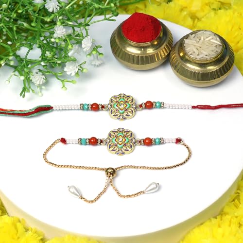 Image of Oblivion Rakhi Set for Brother and Bhabhi - Peacock with Feather Gift for Bhai & Lumba for Bhabhi with Silver Colour Coin and Greeting Card - Raksha Bandhan Combo