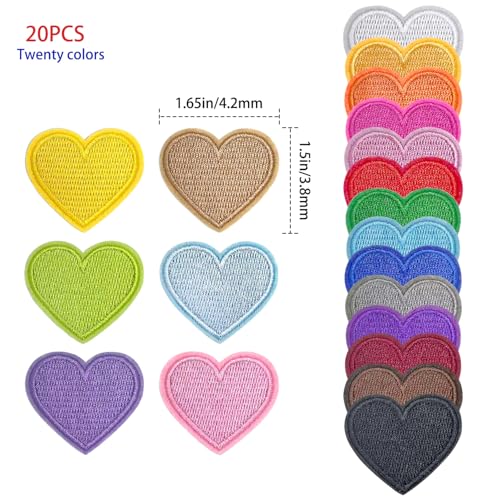 20 Pcs Colorful Embroidered Iron On Heart Patches, Sew/Iron On Heart Applique Patch, for Clothes Hats Jeans Backpacks Shoes DIY Repair Decoration(1.65X1.42inch)