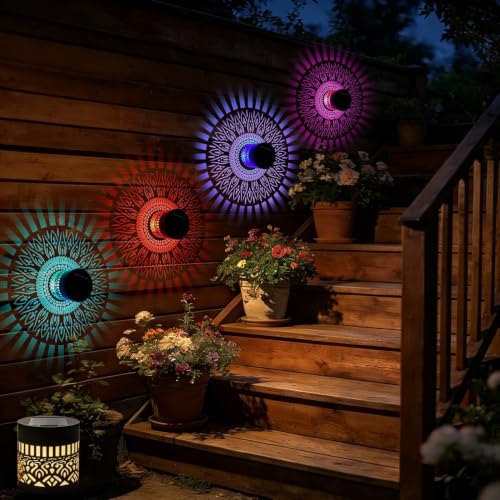 Life Wheel Solar Projection Lights Outdoor, New Version Solar Mandala Lights, 6 Color Changing Waterproof Metal Fence Lights for Yard, Wall, Garden, Patio, Backyard Decoration, Multicolor, 1 Pack
