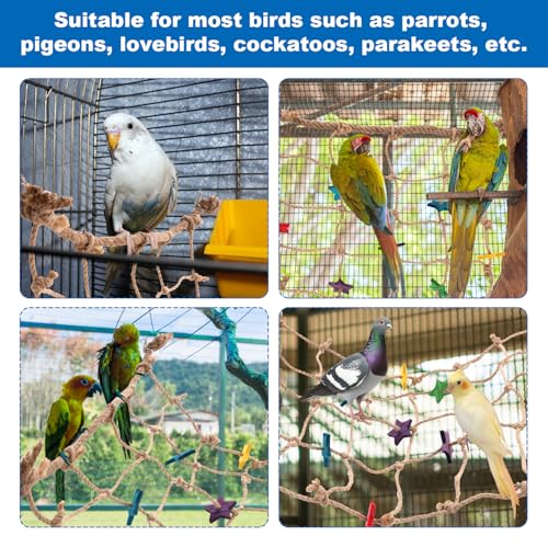 Image of Parrot Climbing Rope Net, 21.65x20.87in Colorful Star Design Bird Hammock Ladder Seagrass Mat Chew Toys with 4pcs Hooks Cockatiels Cage Accessories for Pigeons Cockatoos Parakeets