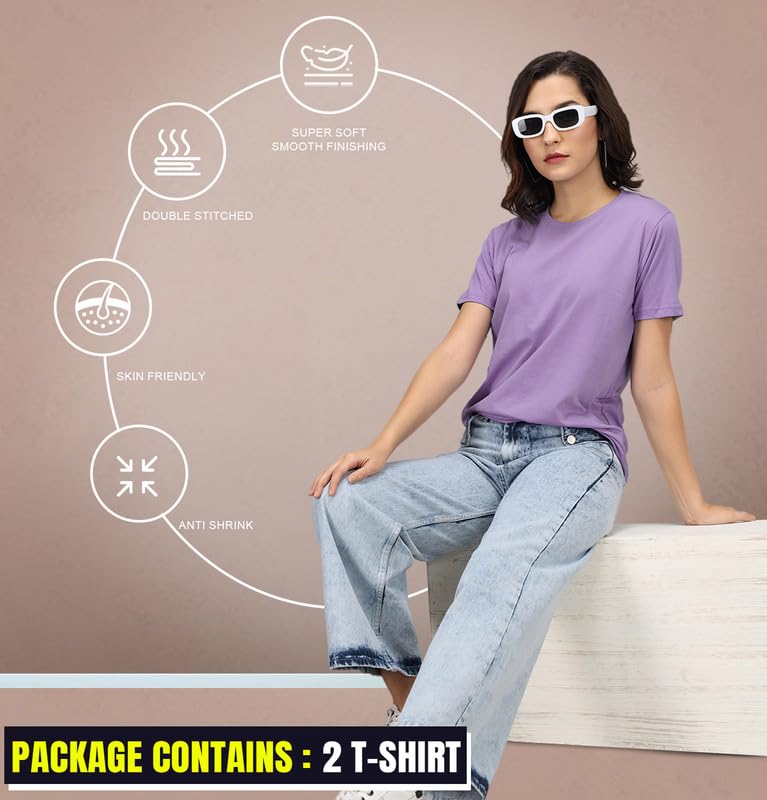 Image of Sleepynuts Women's S to 3XL Premium Half Sleeve Round Neck Plain Combed Cotton Tshirt Pack of 3 Loose Fit T-Shirts Combo