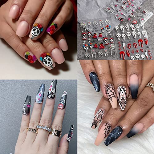 5 Sheets Halloween Nail Art Stickers Embossing 5D Self Adhesive Nail Decals Stereo Relief Skull Spider Web Clown Design Nail Supplies Nail Art Accessories Cute Acrylic Nail Diy Decorations For Women #TOP2