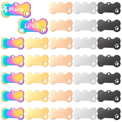 Étiqutte chien à graver en os 40mm : lot de 50 médailles vierges avec pendentif patte pour DIY
