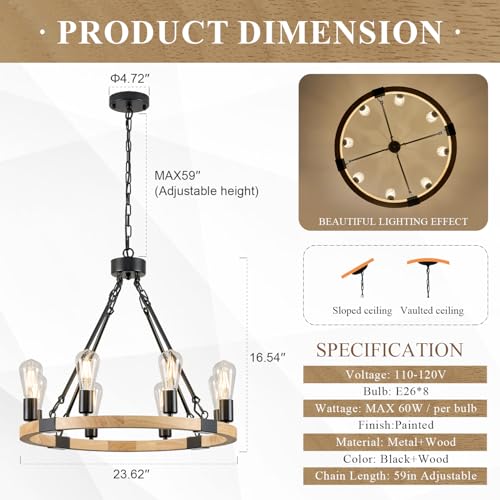 Image of Natural Wooden Wagon Wheel Chandelier 8-Light 23.6 inch Light Fixture