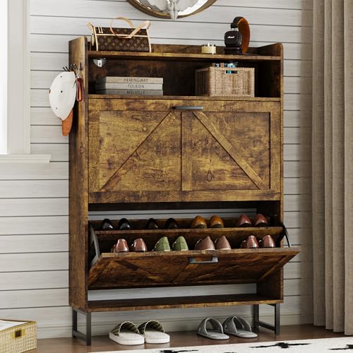 Image of BORNOON Shoe Cabinet with 2 Flip Drawers Narrow Shoe Storage Cabinet Organizer Wooden Freestanding Rack Hidden Slim Storage for Entryway, Hallway, Living Room, Bedroom (Brown)