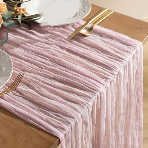 Pink Table Runner 35x70 Inch - Wrinkle Textured Fabric for Dining Table Decor Wedding & Birthday Party Tablecloth Alternative