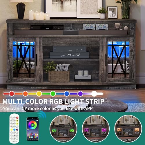 DWVO LED Farmhouse Television Stand for Living Room, 32'' Tall Entertainment Center for 65/55 Inch TV, Media Console TV Table with Storage Cabinet, Adjustable Shelf and Glass Doors, Dark Rustic Oak