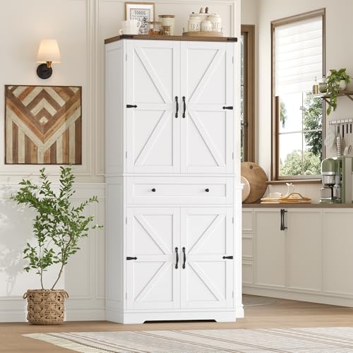 hefoths Buffet Cuisine, 180 cm Armoire Cuisine Rangement avec 4 Portes et 1 Tiroir, Vaisselier Haut pour Salle à Manger, Couloir, Salon, Blanc, 180×75×39 cm